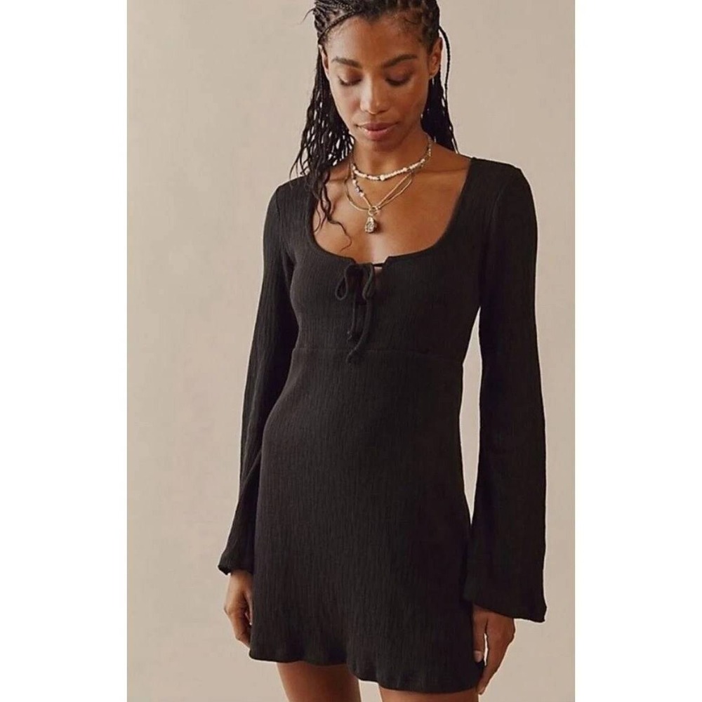 Free People Beach Brynne Mini Dress Womens Small Black Ribbed Open Tie Back - Picture 2 of 10